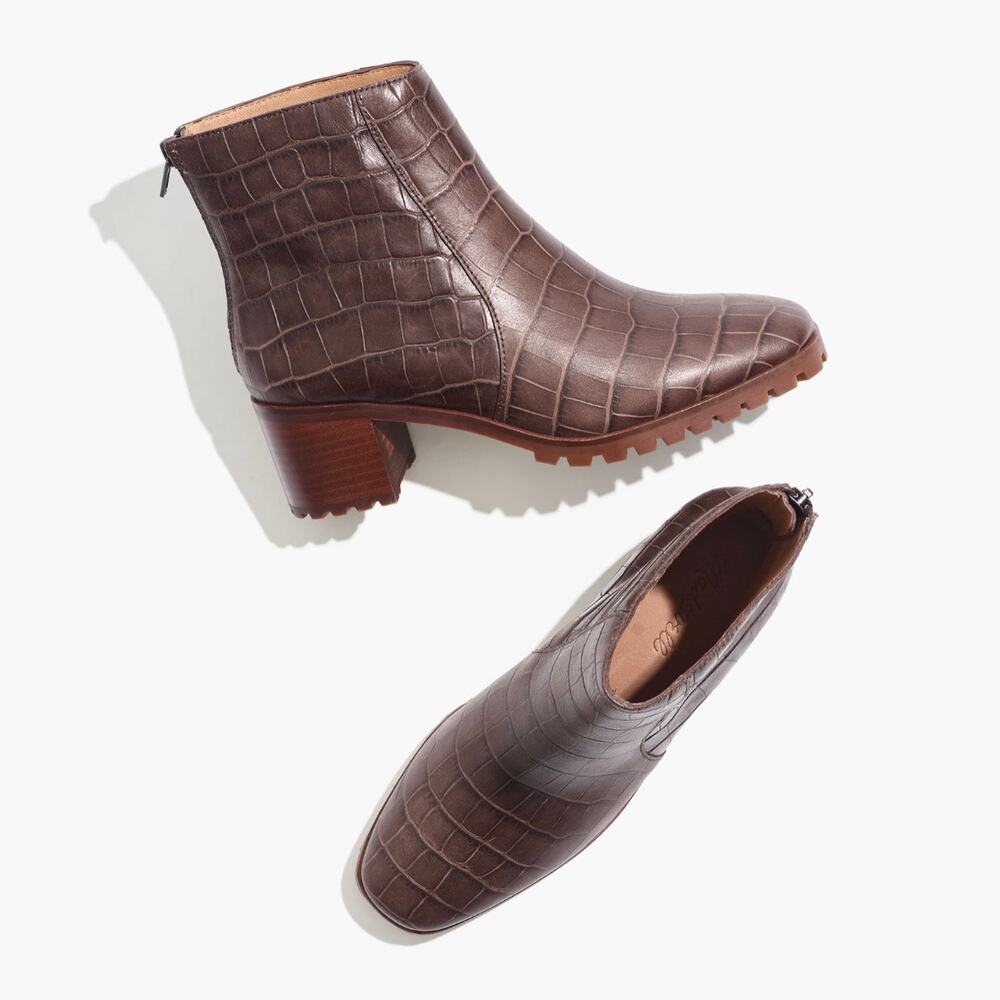 MADEWELL The Katie Lugsole Boot in Croc Embossed Brown Leather - Dark Coffee - 8